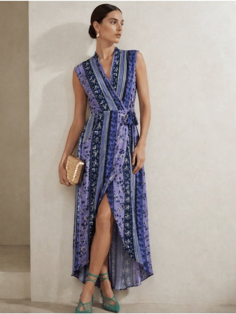 ASTR The Label Authentic Purple Floral Stripe Wrap Maxi Dress High Low Boho M